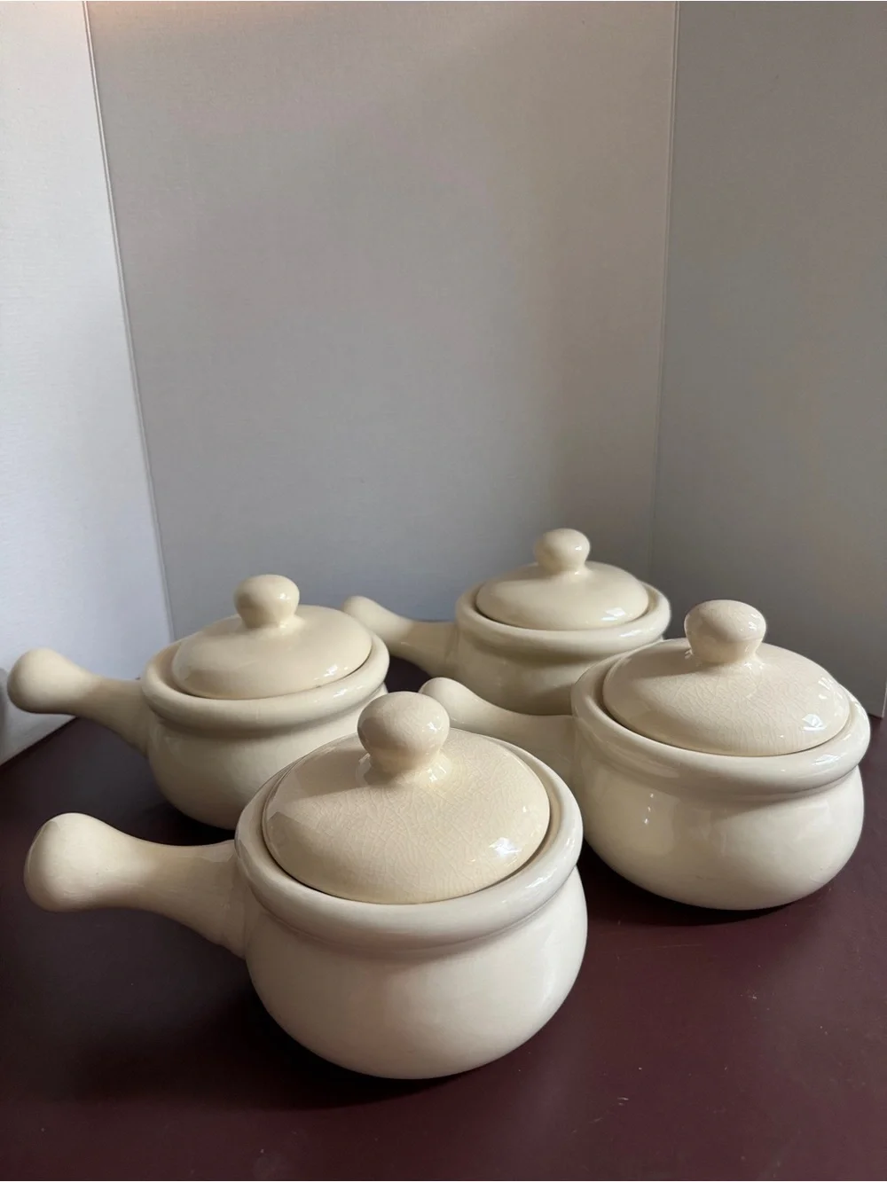 Cream and blue  'Onion' Stoneware  French Soup Bowls with Lids - Set of 4